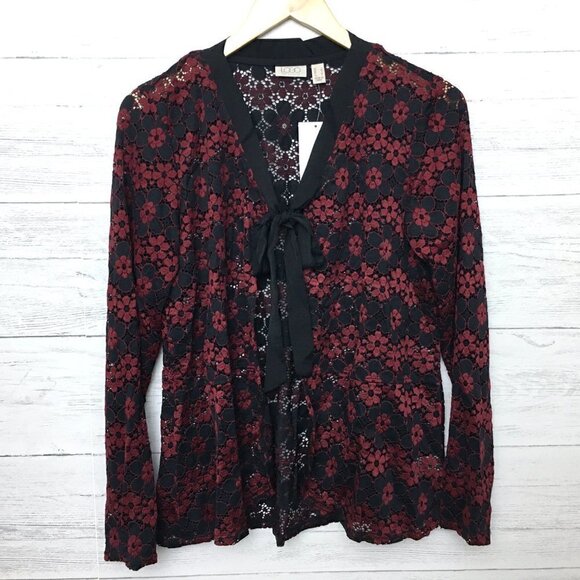 NEW Logo by Lori Goldstein Burgundy & Black Floral Lace Cardigan Tie Front Small - Picture 12 of 12